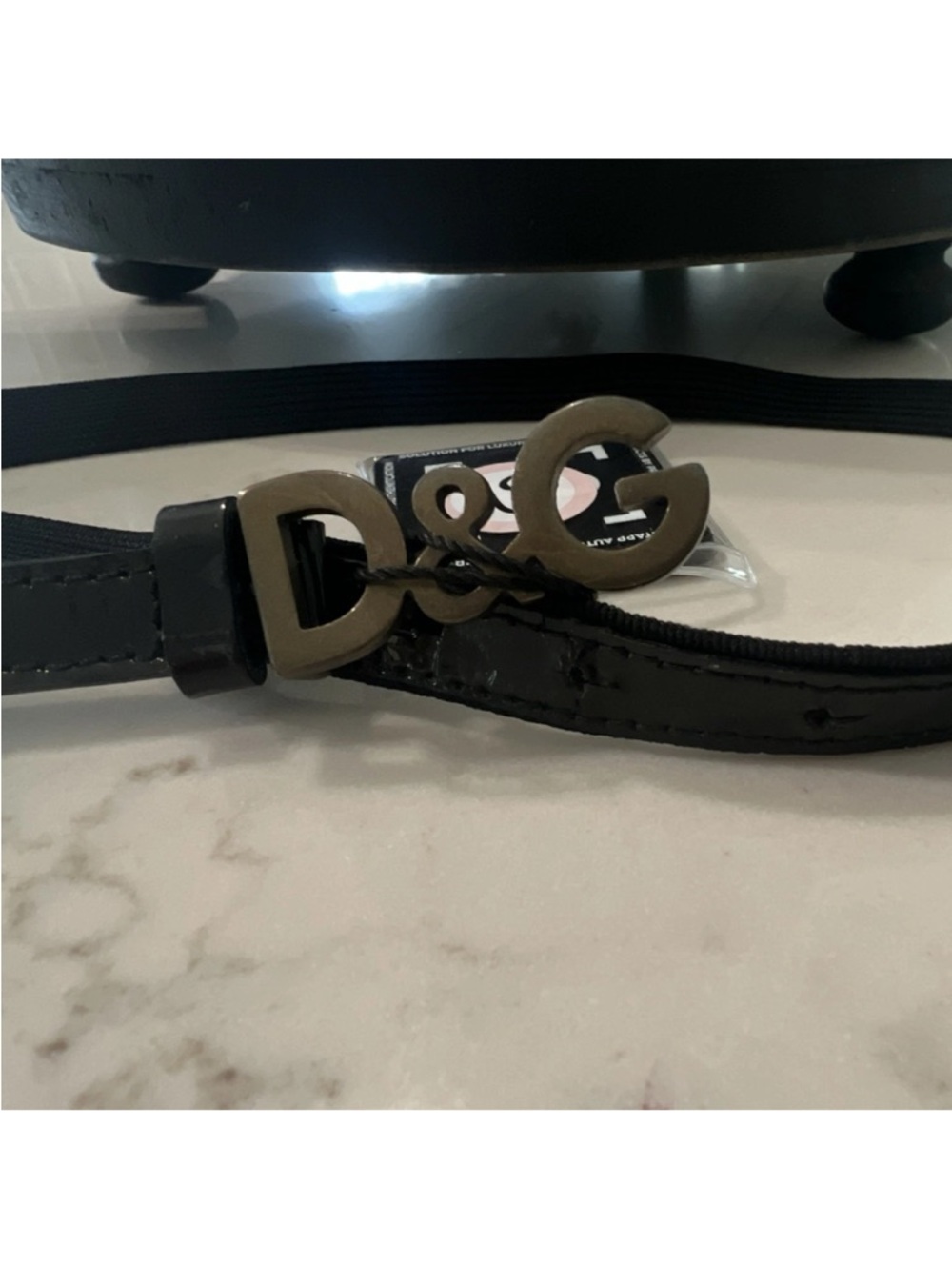 OS Dolce & Gabbana Gold Logo Buckle Black Patent Leather Stretch Belt